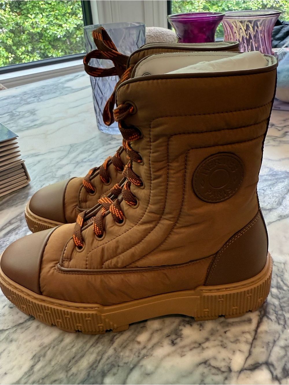 Hermes Tan Quilted Lace-Up Platform Boots authentic